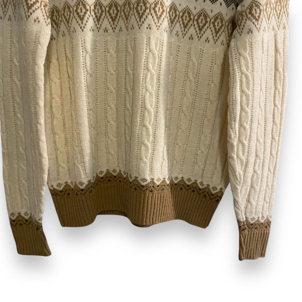 VTG Jantzen Cable Knit Fair Isle Crewneck Sweater Men's Large Tall Beige Grandpa - Picture 2 of 5